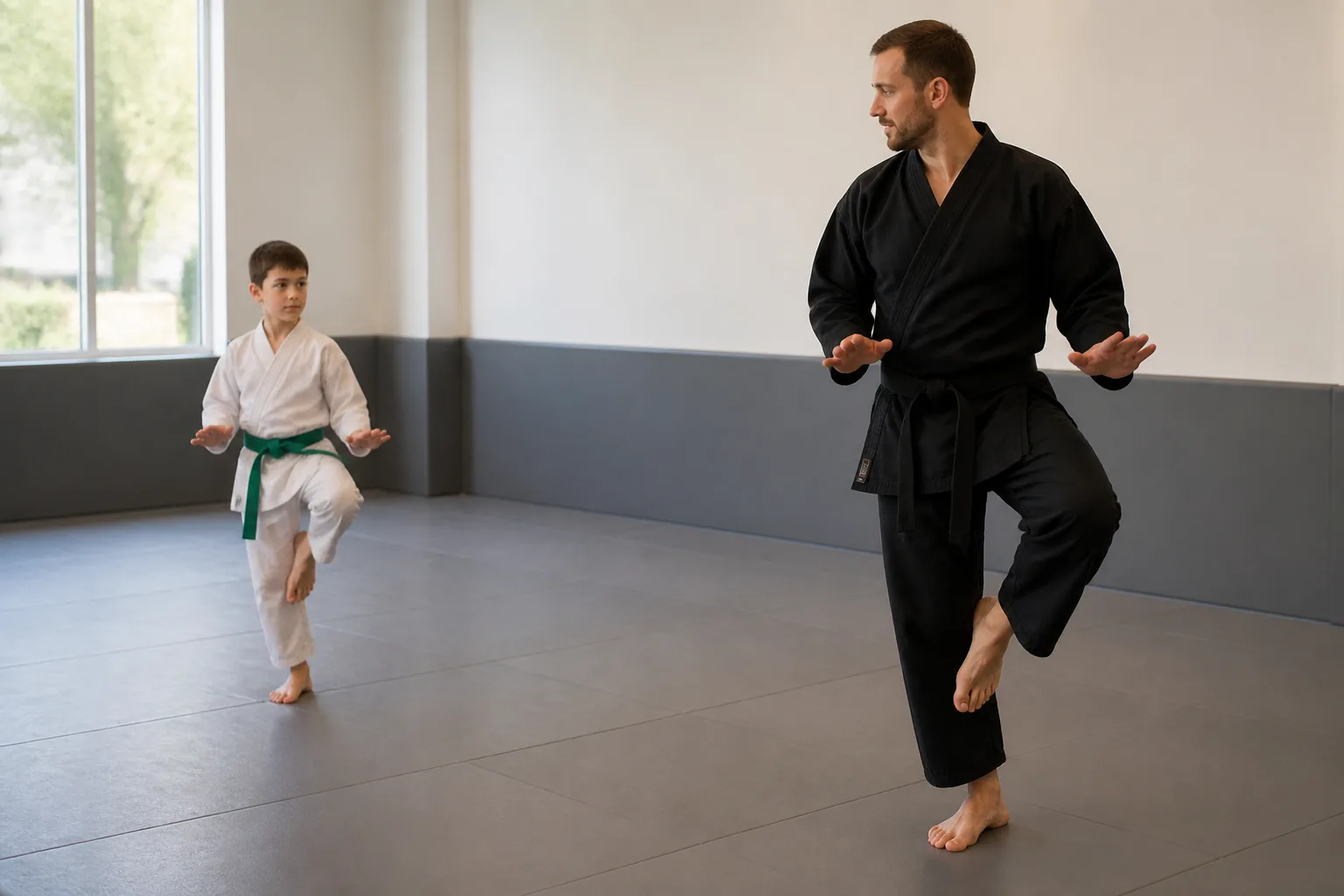 Child mirroring a balance stance in a martial arts class.