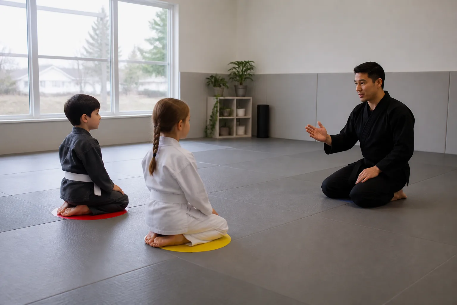 Children listening to a martial arts instructor.