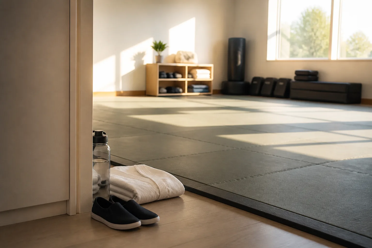Plain training clothes and a water bottle beside a studio floor.