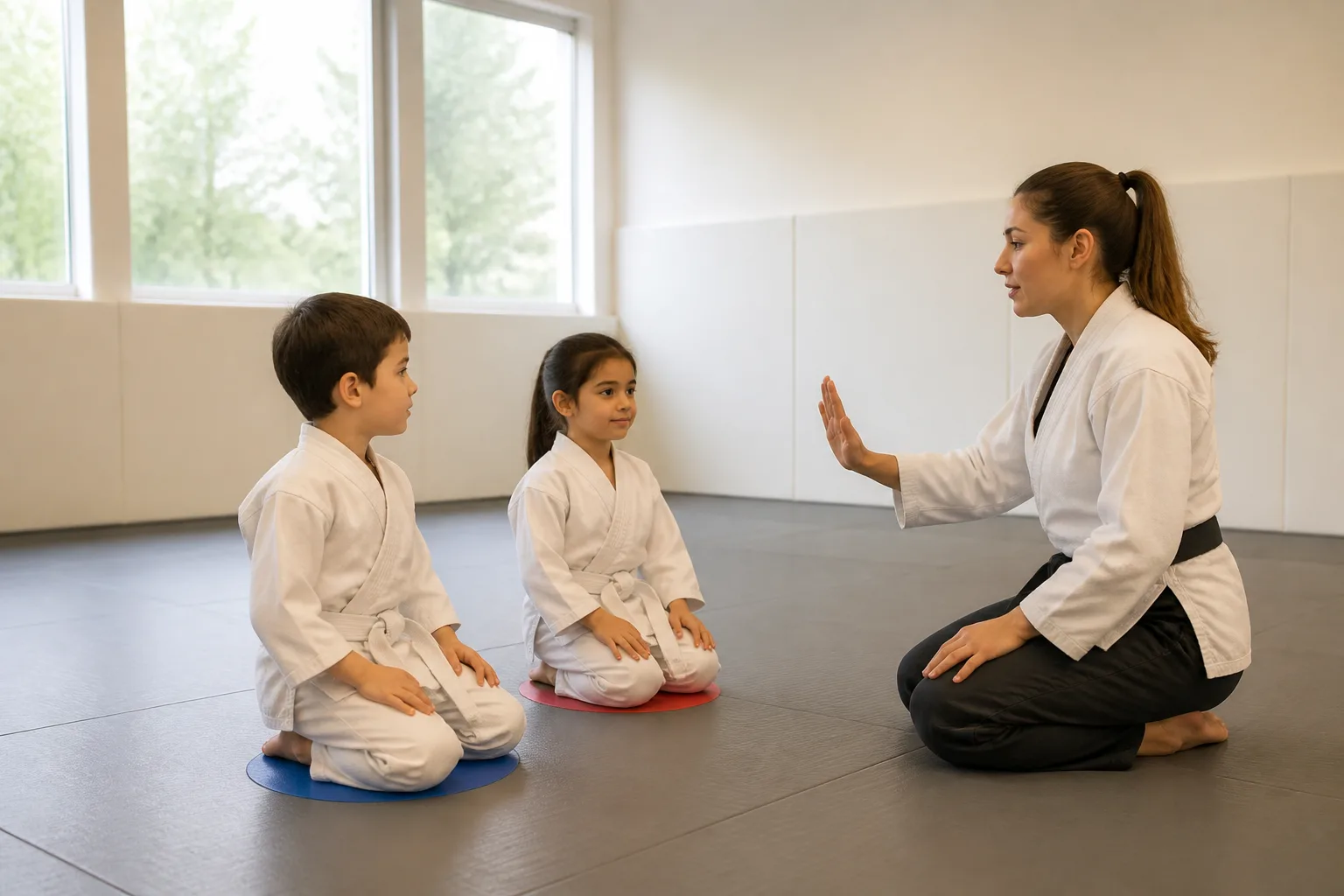 Children listening to a martial arts instructor.