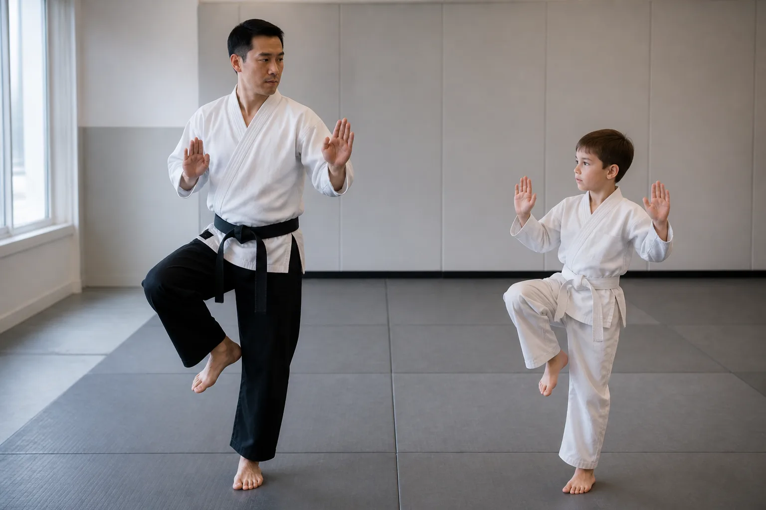 Child mirroring a balance stance in a martial arts class.
