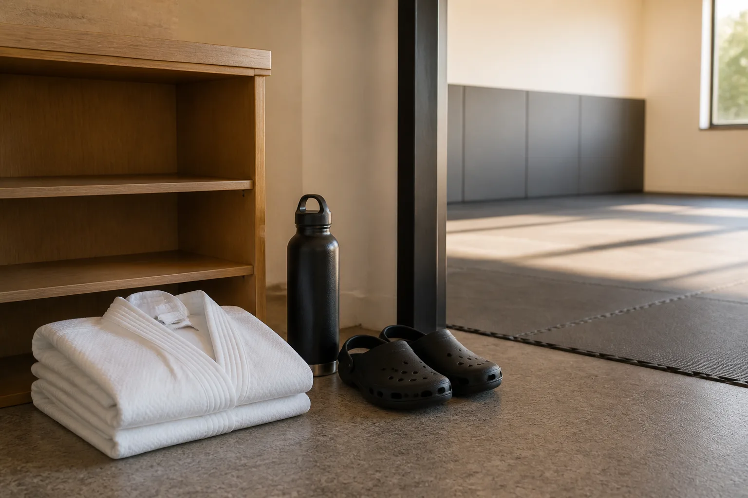 Plain training clothes and a water bottle beside a studio floor.