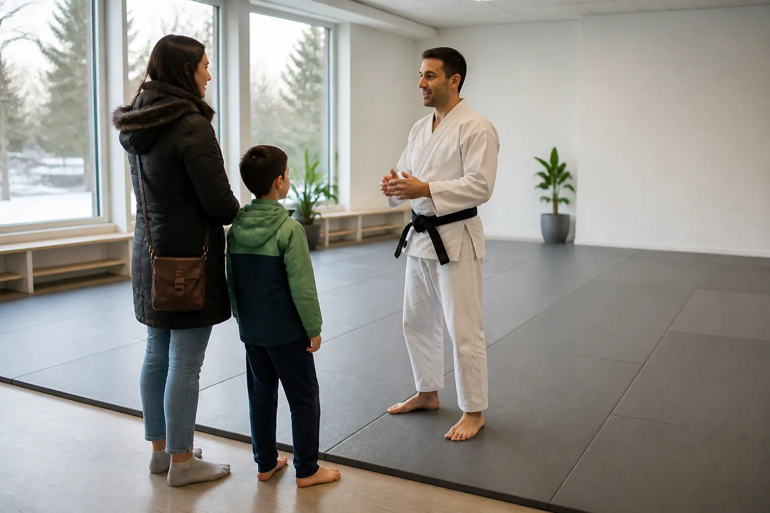 Child and caregiver speaking with a martial arts instructor.