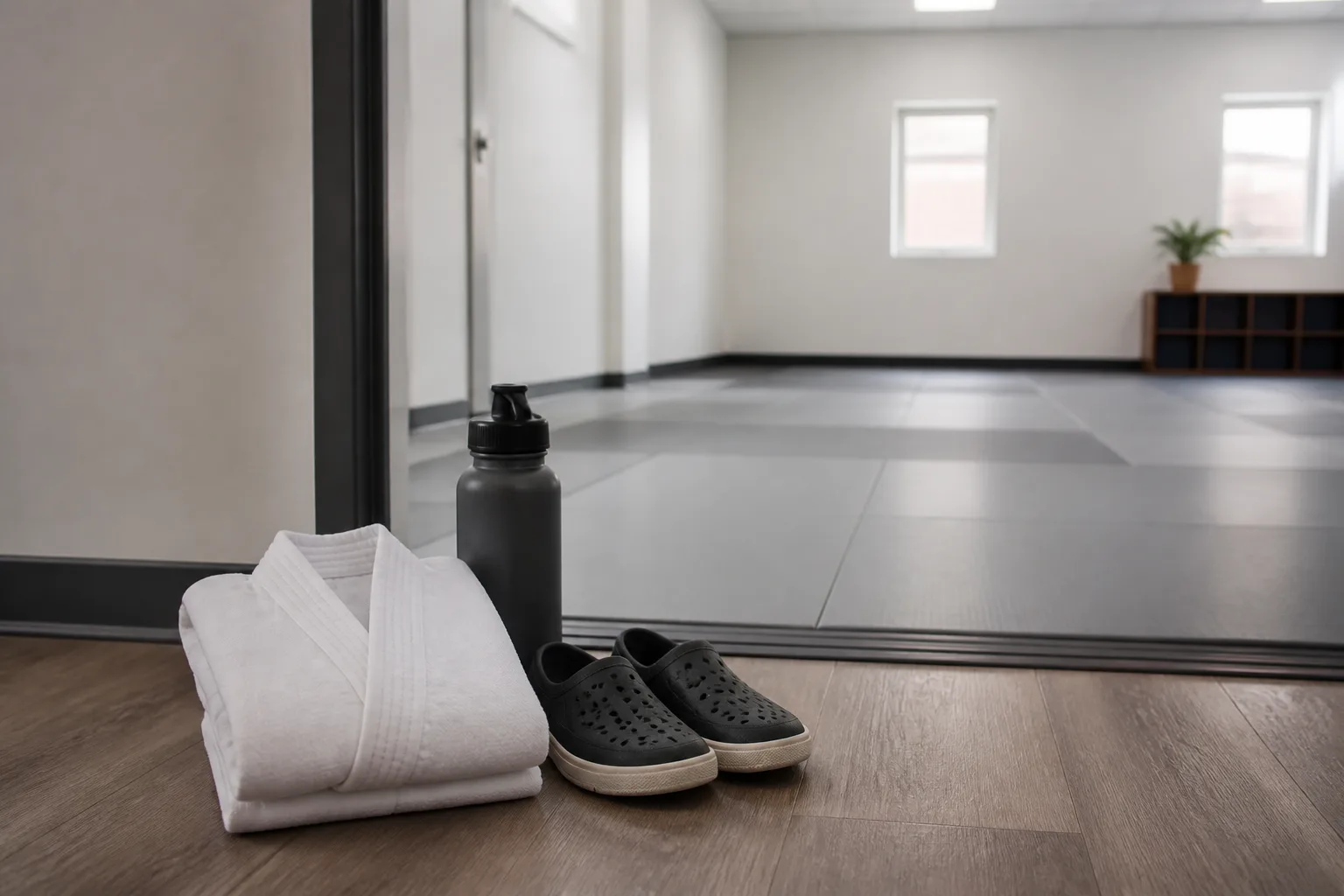 Plain training clothes and a water bottle beside a studio floor.