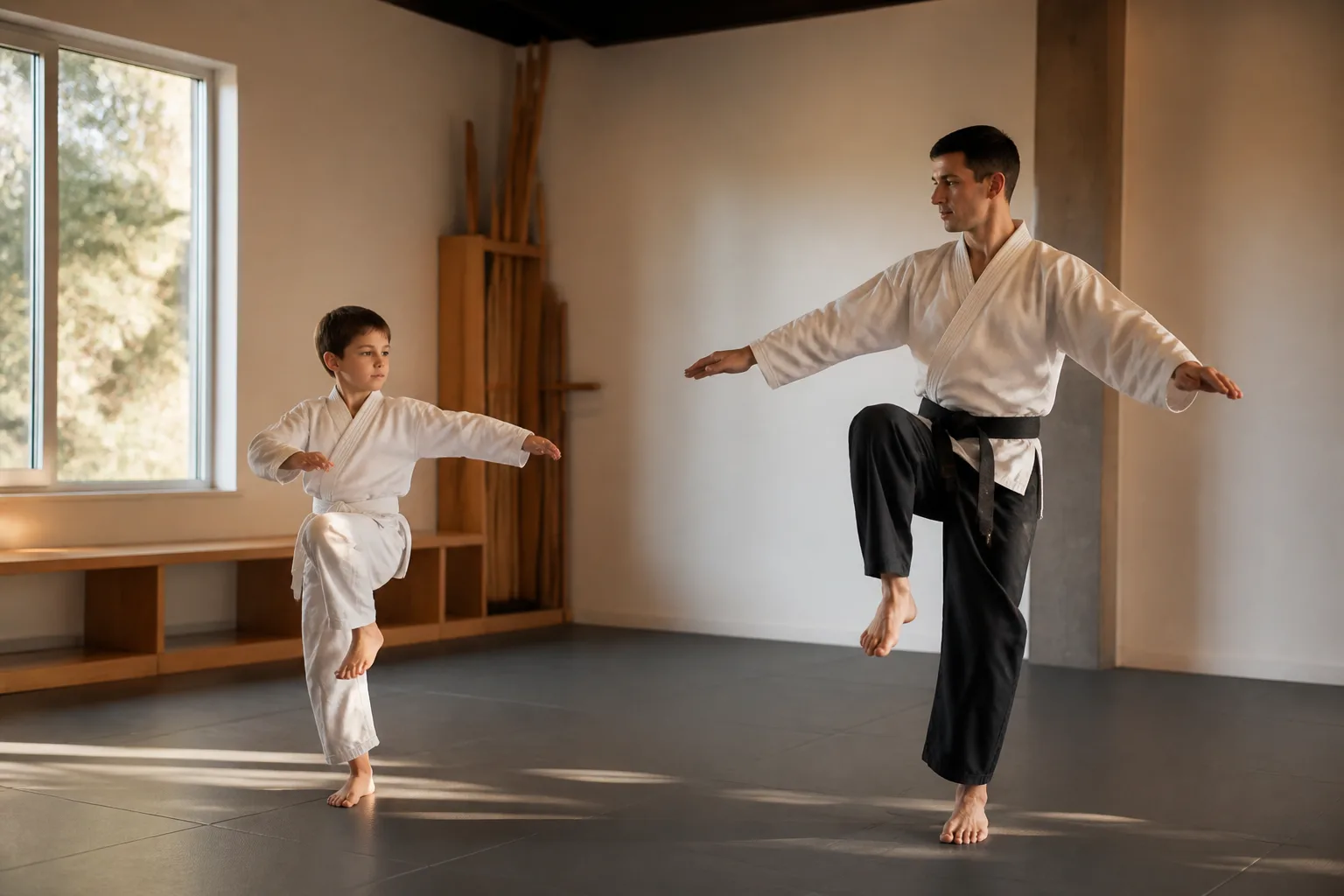Child mirroring a balance stance in a martial arts class.