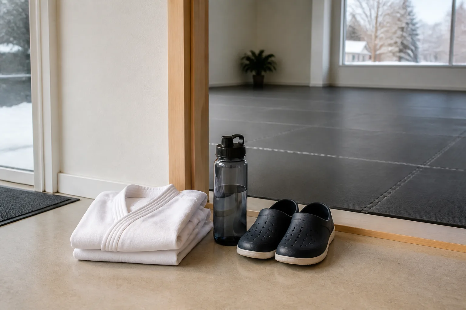 Plain training clothes and a water bottle beside a studio floor.