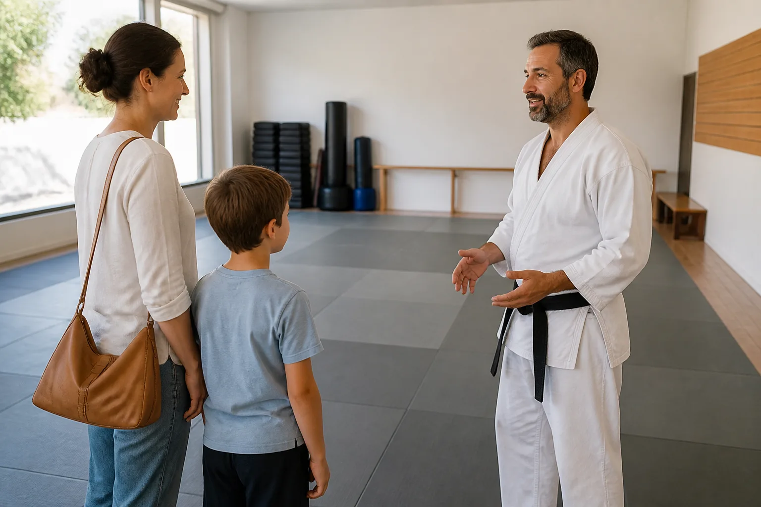 Child and caregiver speaking with a martial arts instructor.