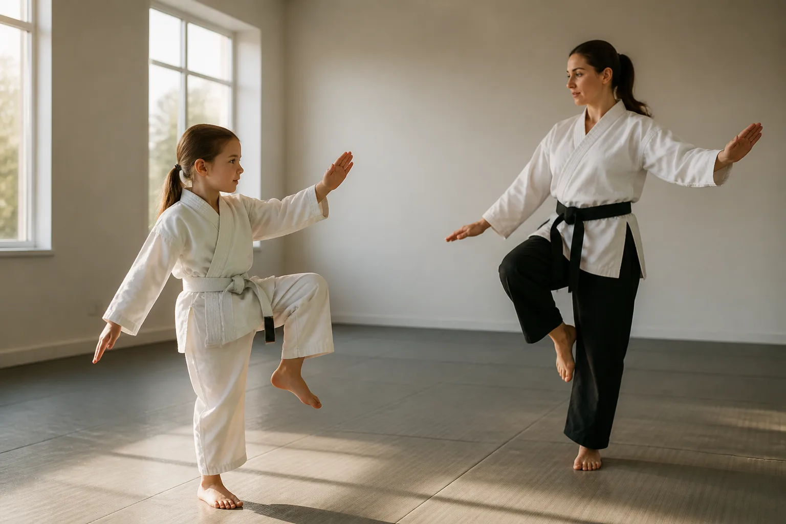 Child mirroring a balance stance in a martial arts class.