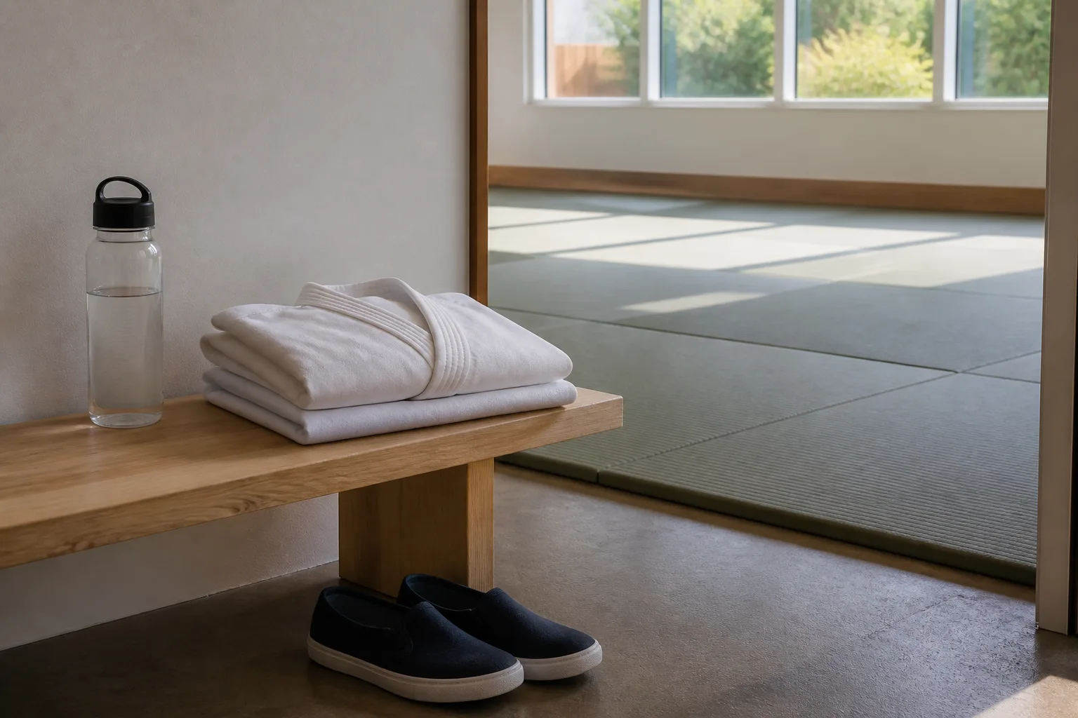 Plain training clothes and a water bottle beside a studio floor.