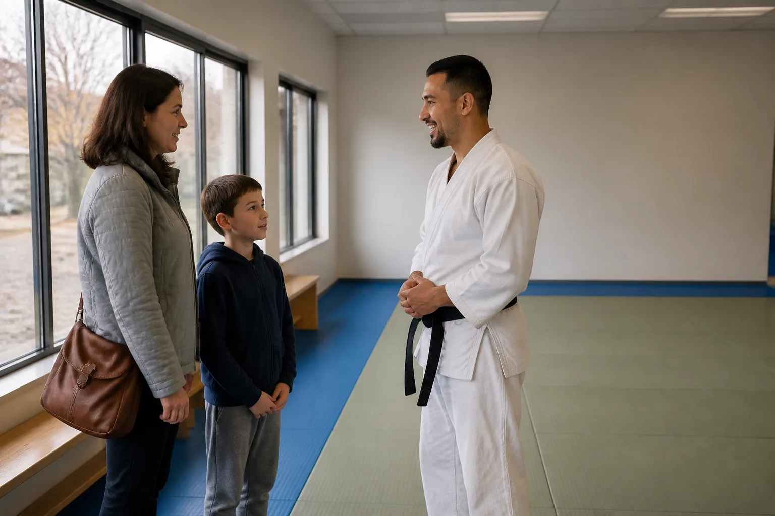 Child and caregiver speaking with a martial arts instructor.