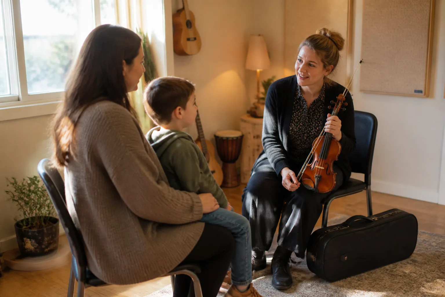 A parent and child meet a violin teacher in a warm music room.