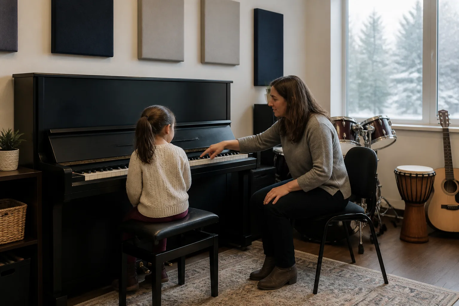 A child plays piano while a teacher guides the lesson.