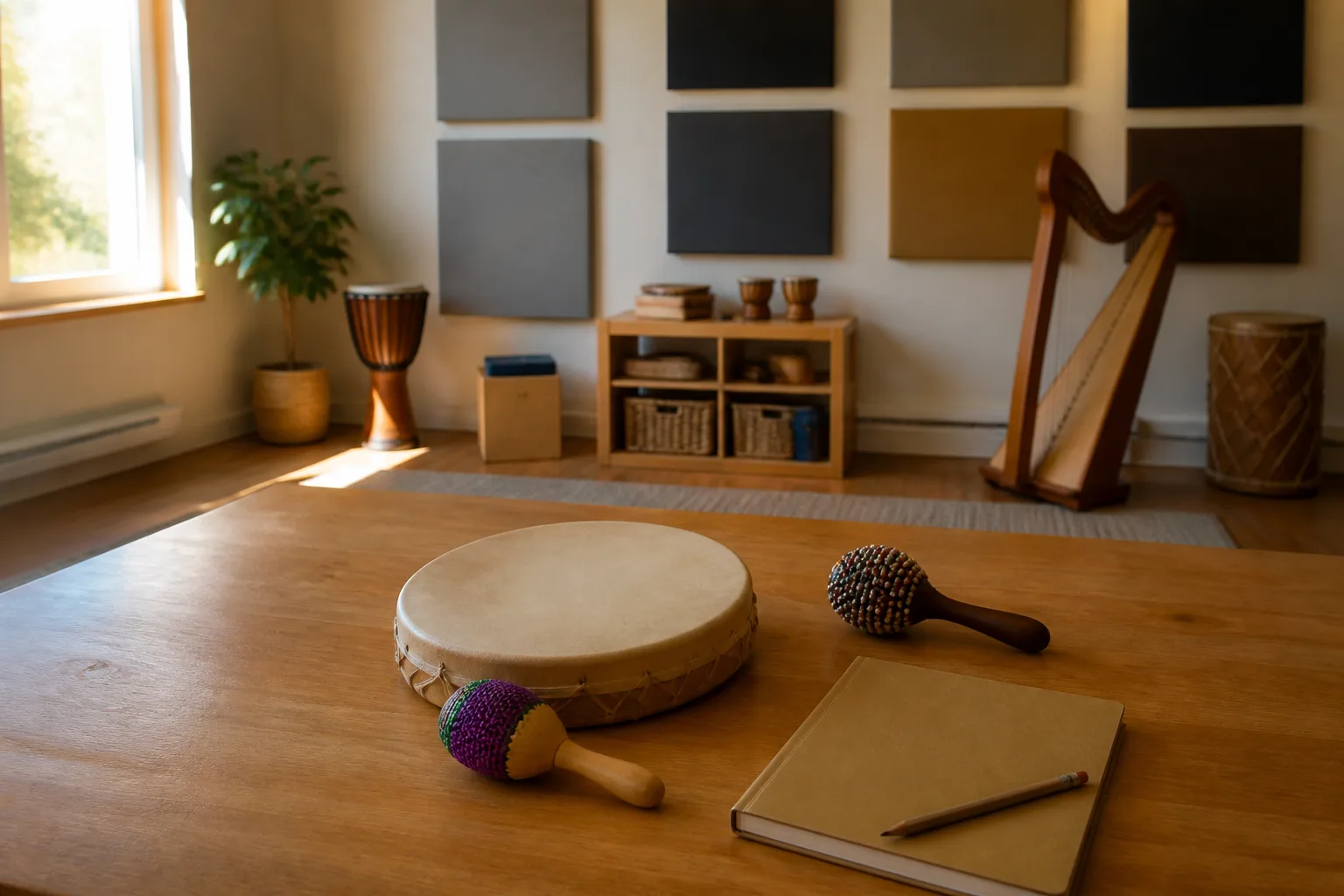 A hand drum, mallets and notebook are arranged in a music classroom.
