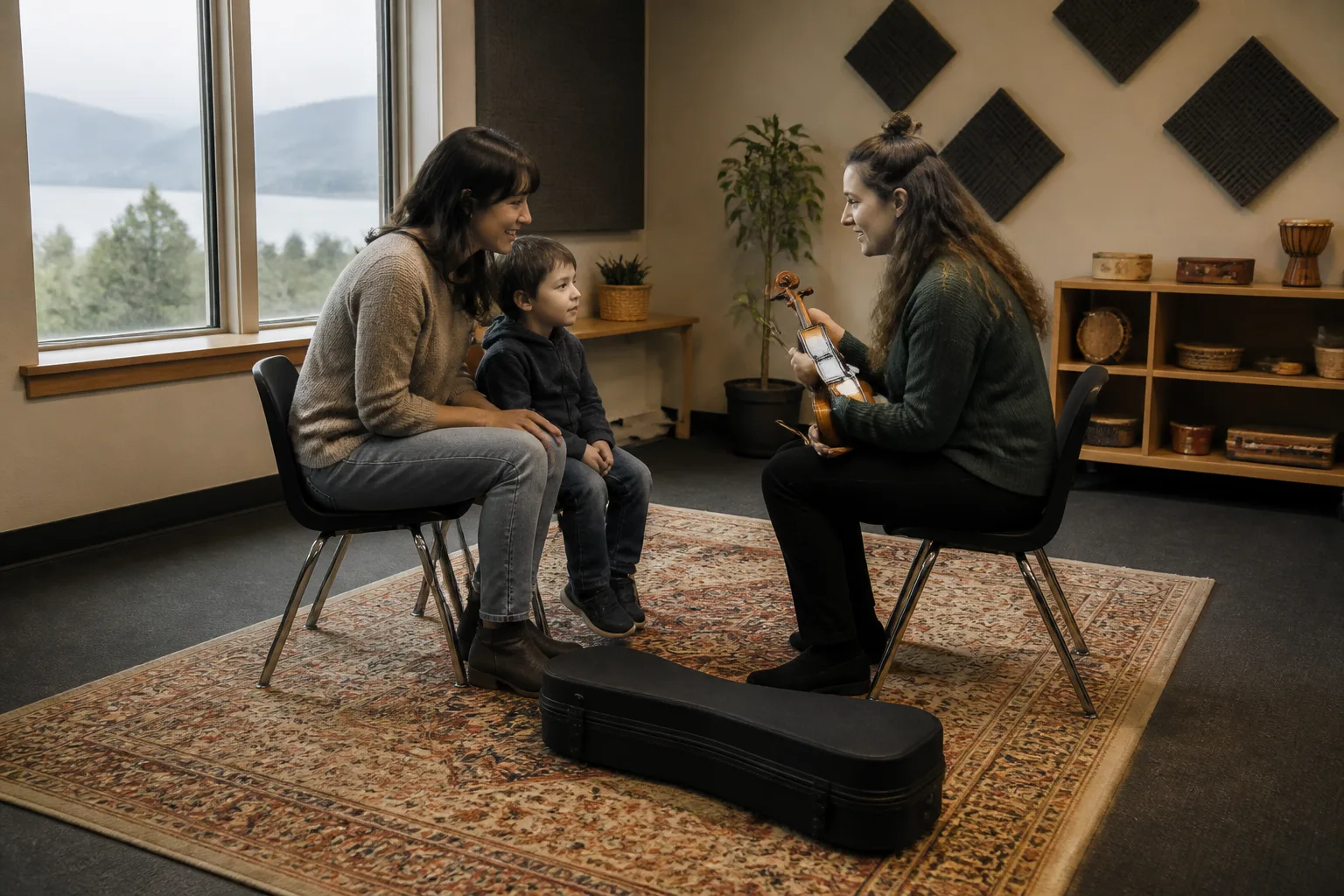 A parent and child sit across from a violin teacher with an instrument case nearby.