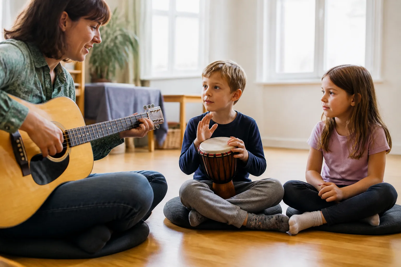 A teacher plays guitar while two children explore a hand drum.