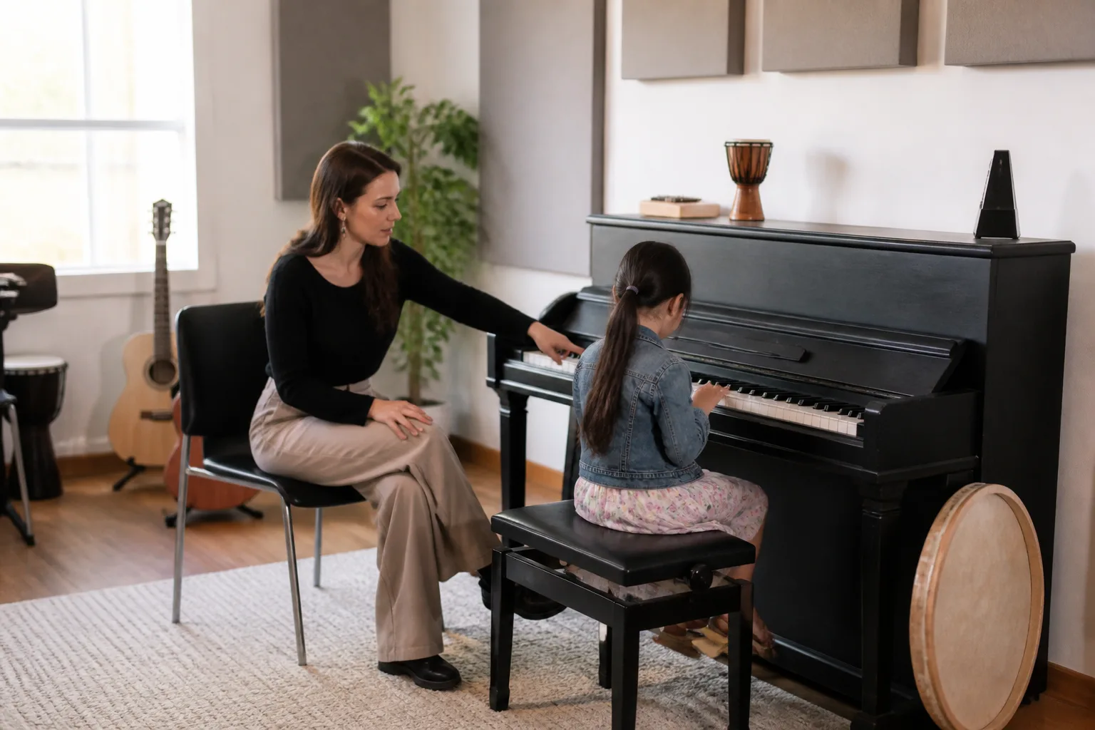 A teacher points to piano keys during a child's lesson.