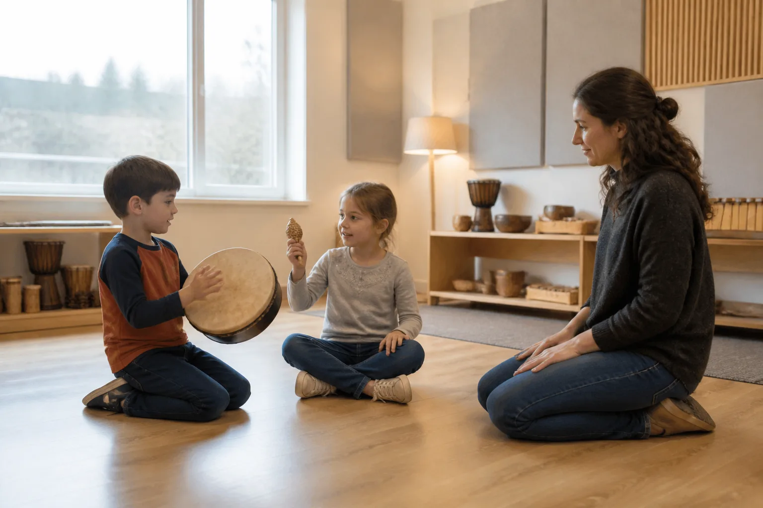 Two children play hand percussion with a teacher seated nearby.