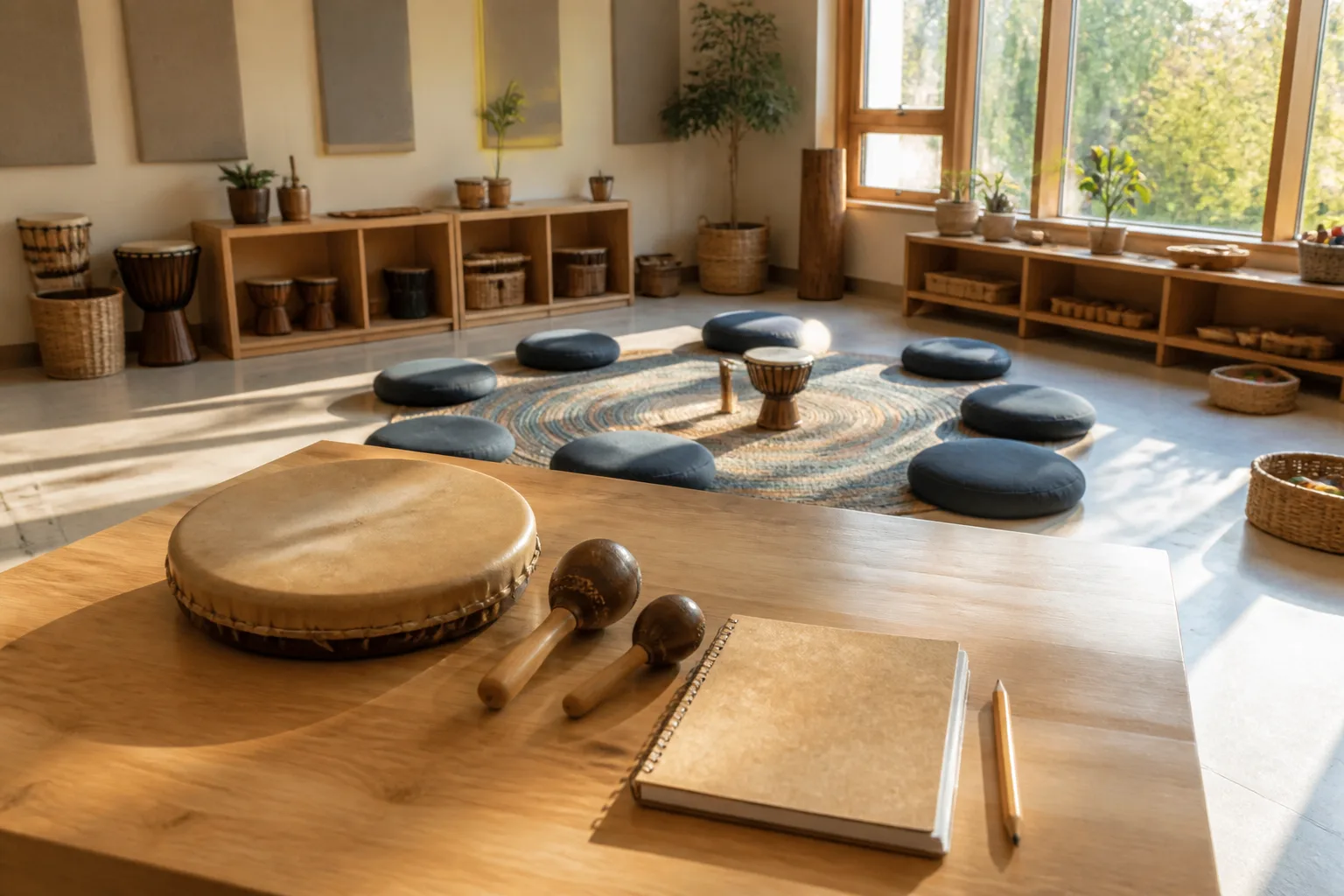 An empty music room is arranged with drums, cushions and simple instruments.