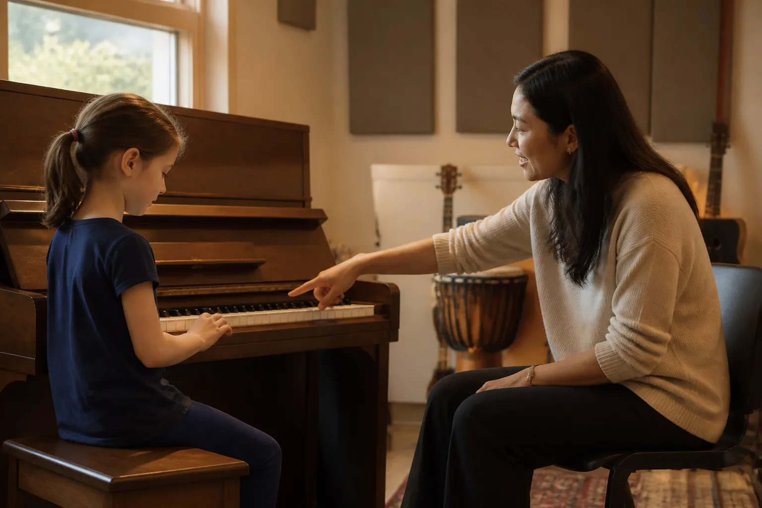 A teacher guides a child through notes at an upright piano.