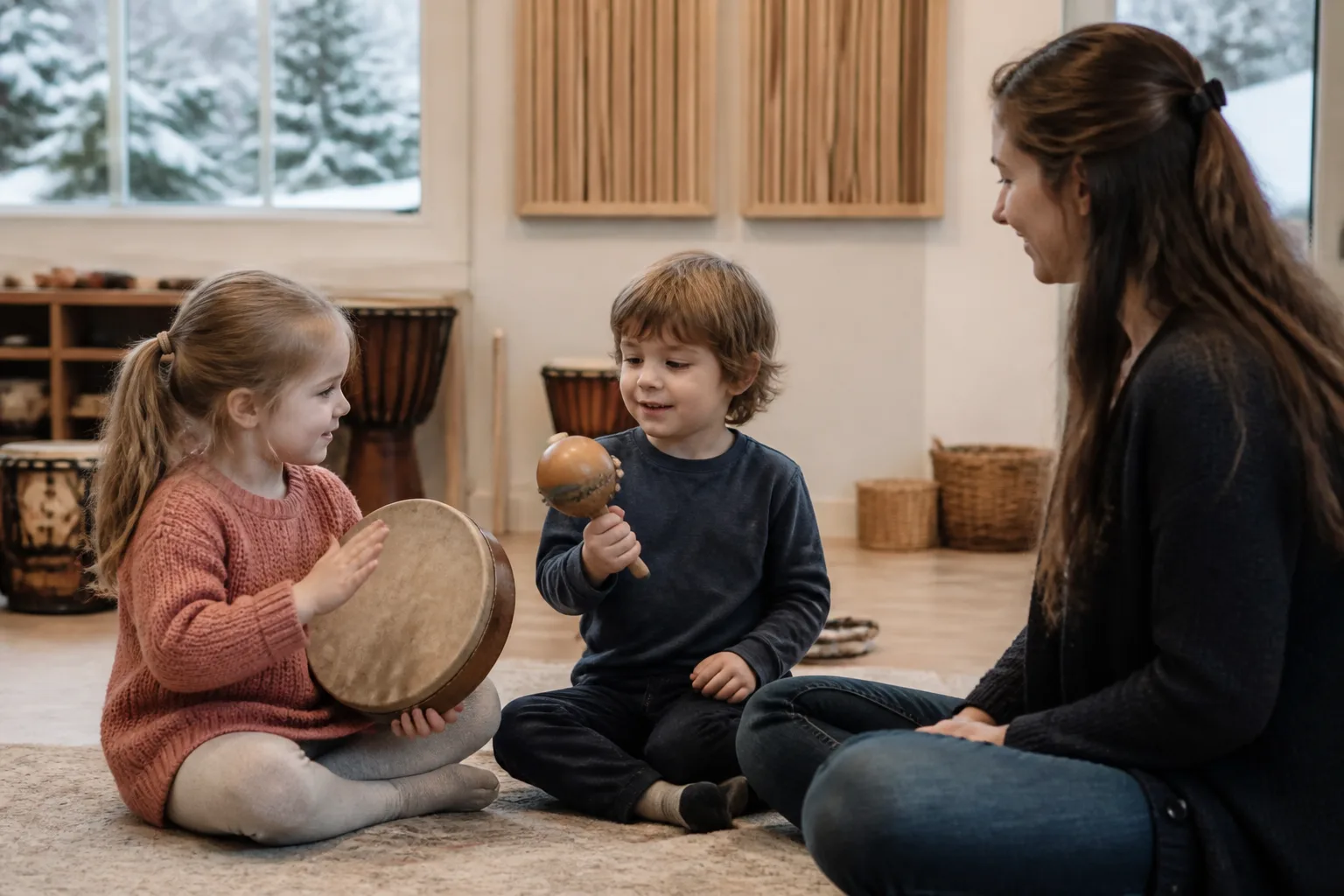 Two young children explore a frame drum and shaker with their teacher.