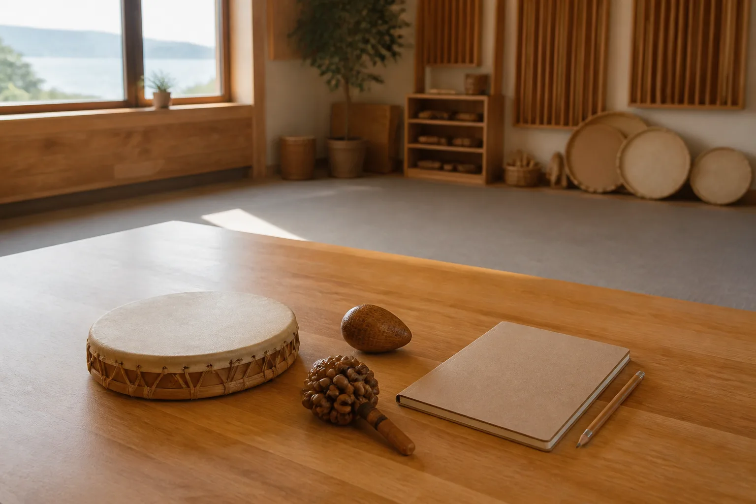 A drum, shakers and notebook are set out in a quiet music room.