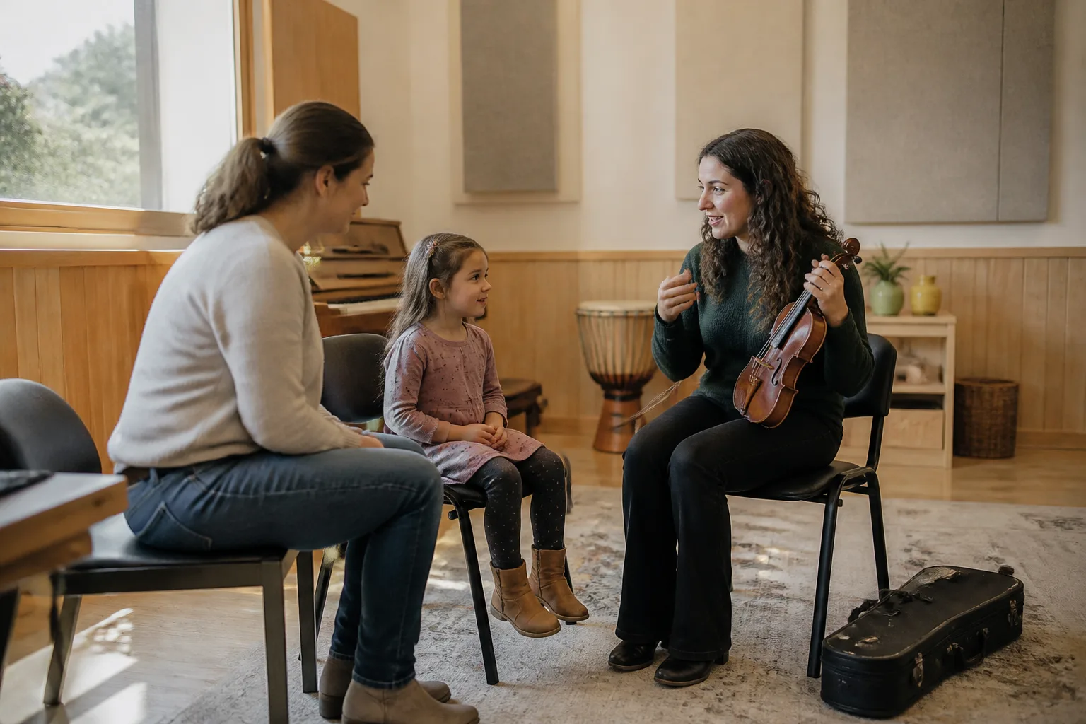 A parent and child listen as a violin teacher demonstrates the instrument.