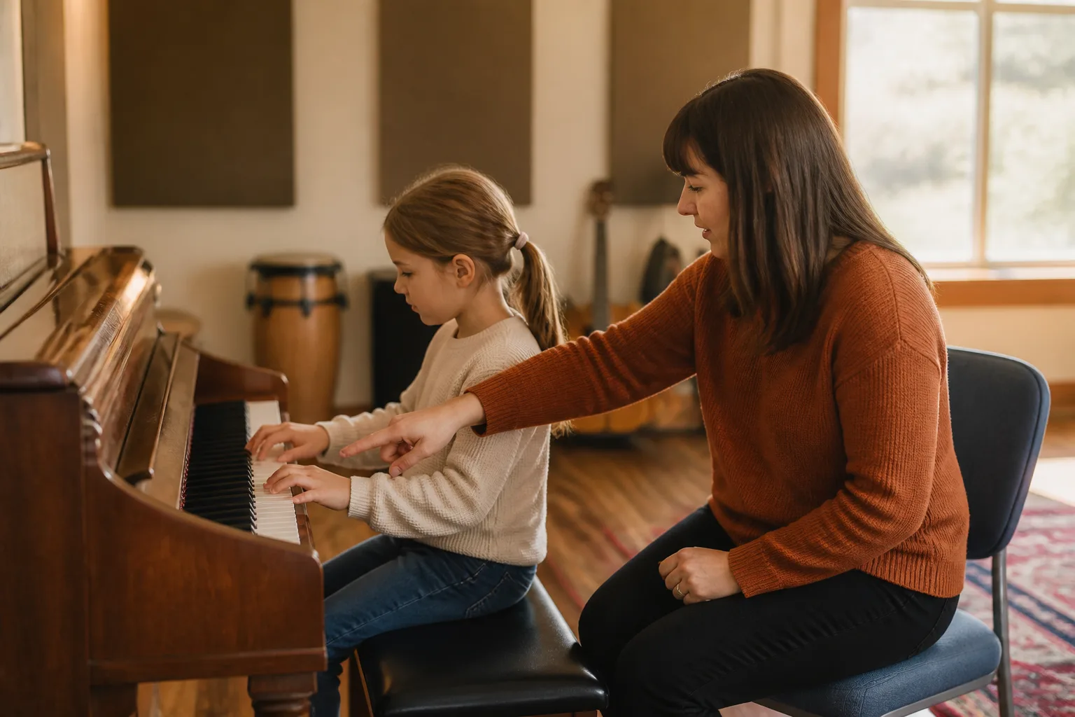 A teacher helps a child place her hands at an upright piano.