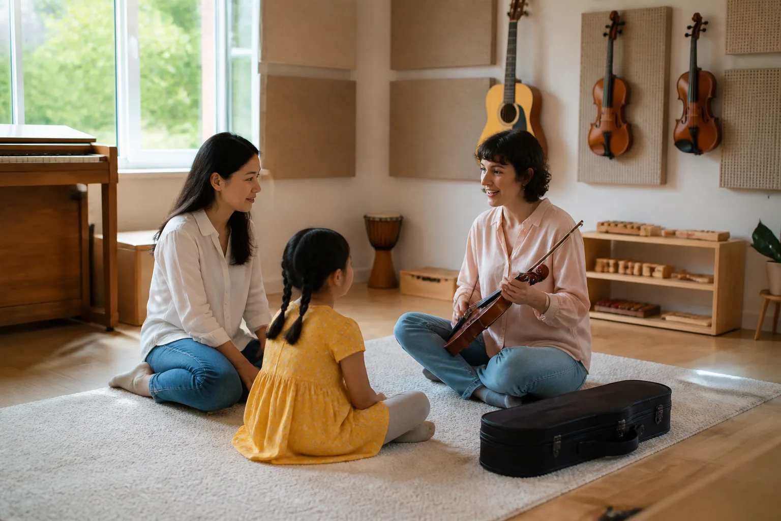 A parent and child sit with a violin teacher in a bright music room.