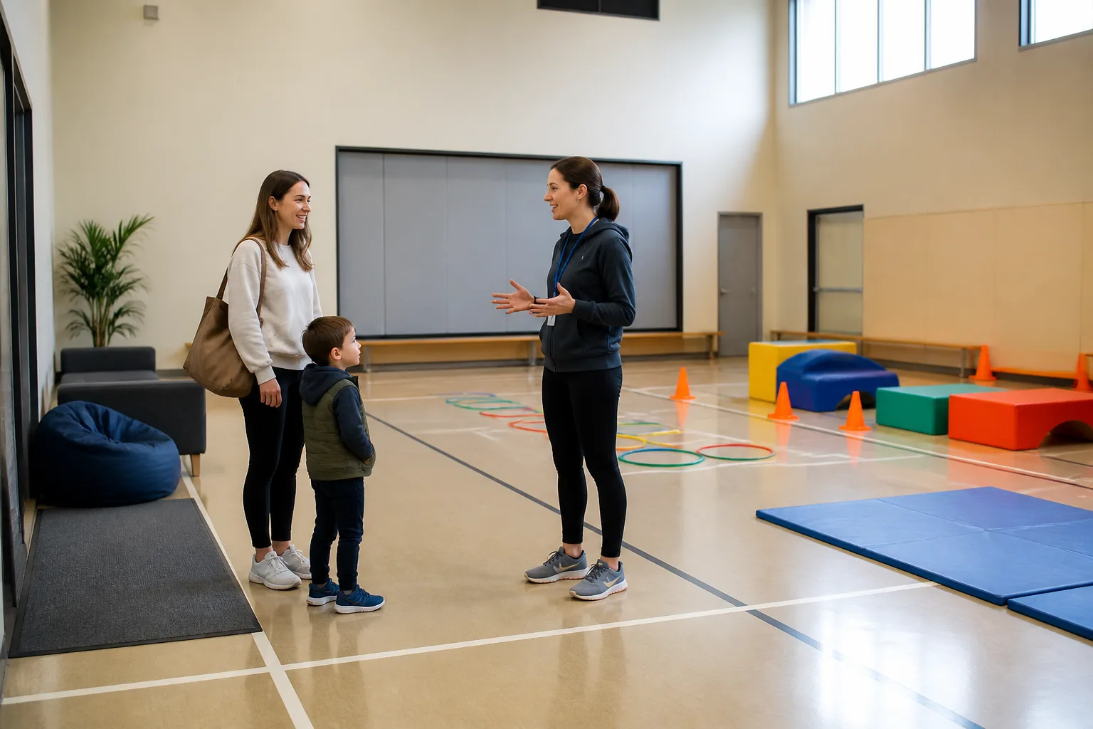 A parent and child talk with a coach beside an adaptable indoor activity course.