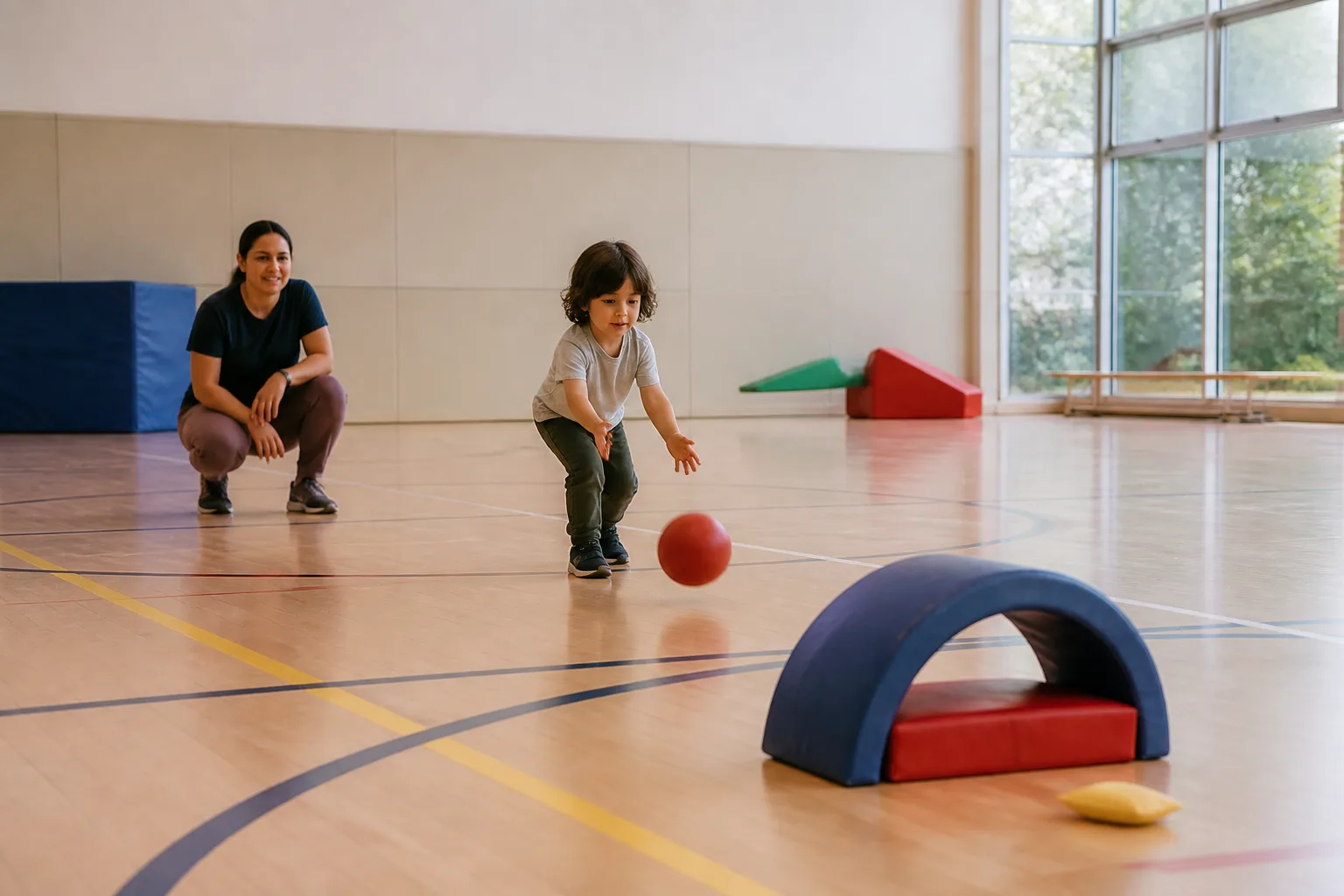 A child rolls a ball toward a low foam arch while a coach watches.