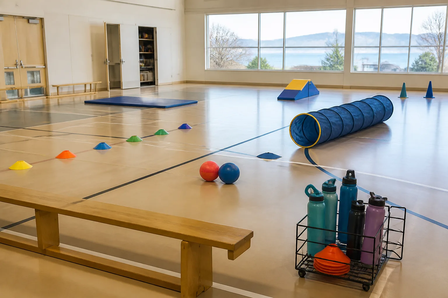 An accessible gym course includes cones, balls, a tunnel and equipment cart.