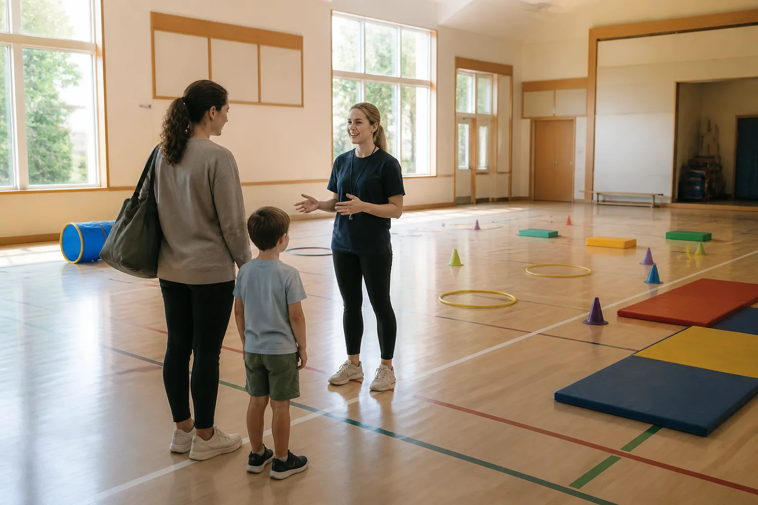 A parent and child discuss the activity setup with a coach in a gym.