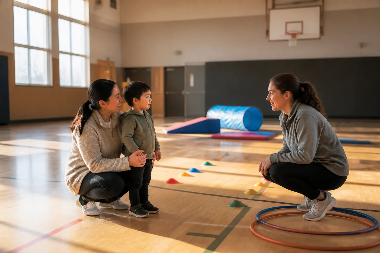 A parent and child crouch with a coach beside hoops and cones.
