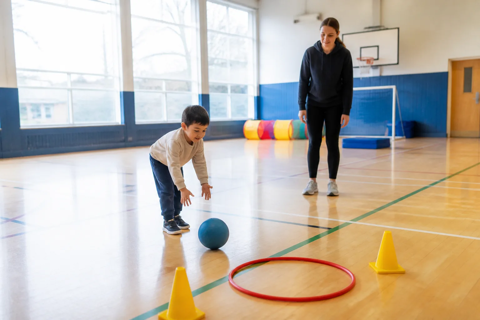 A child rolls a ball through a gym course while a coach supervises.
