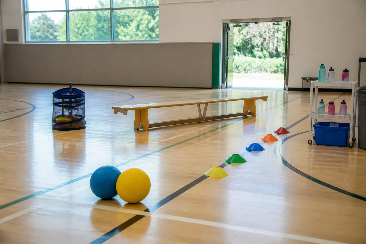 A gym course is laid out with balls, cones, a bench and water bottles.
