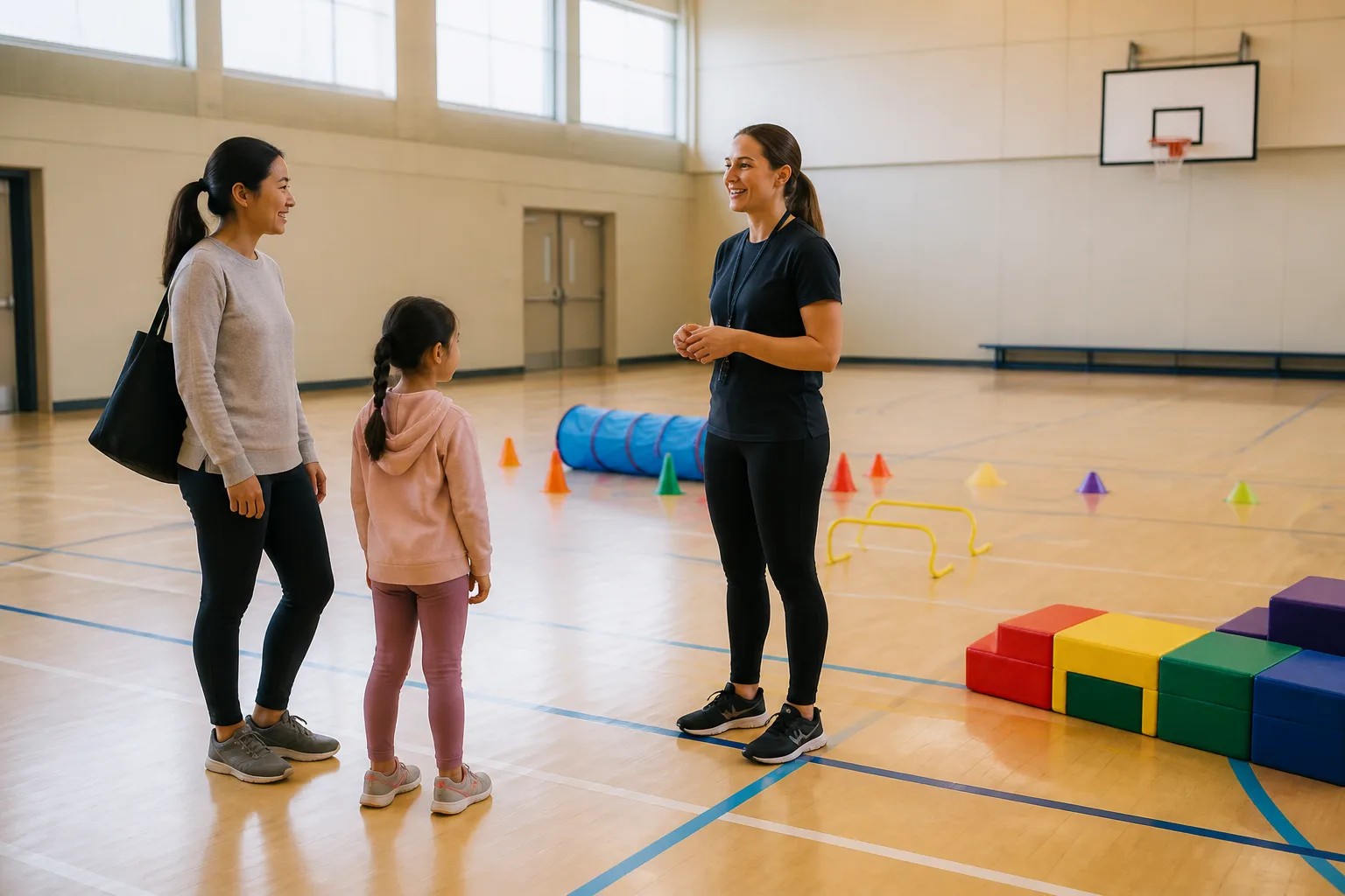 A parent and child meet a coach beside colourful activity equipment.
