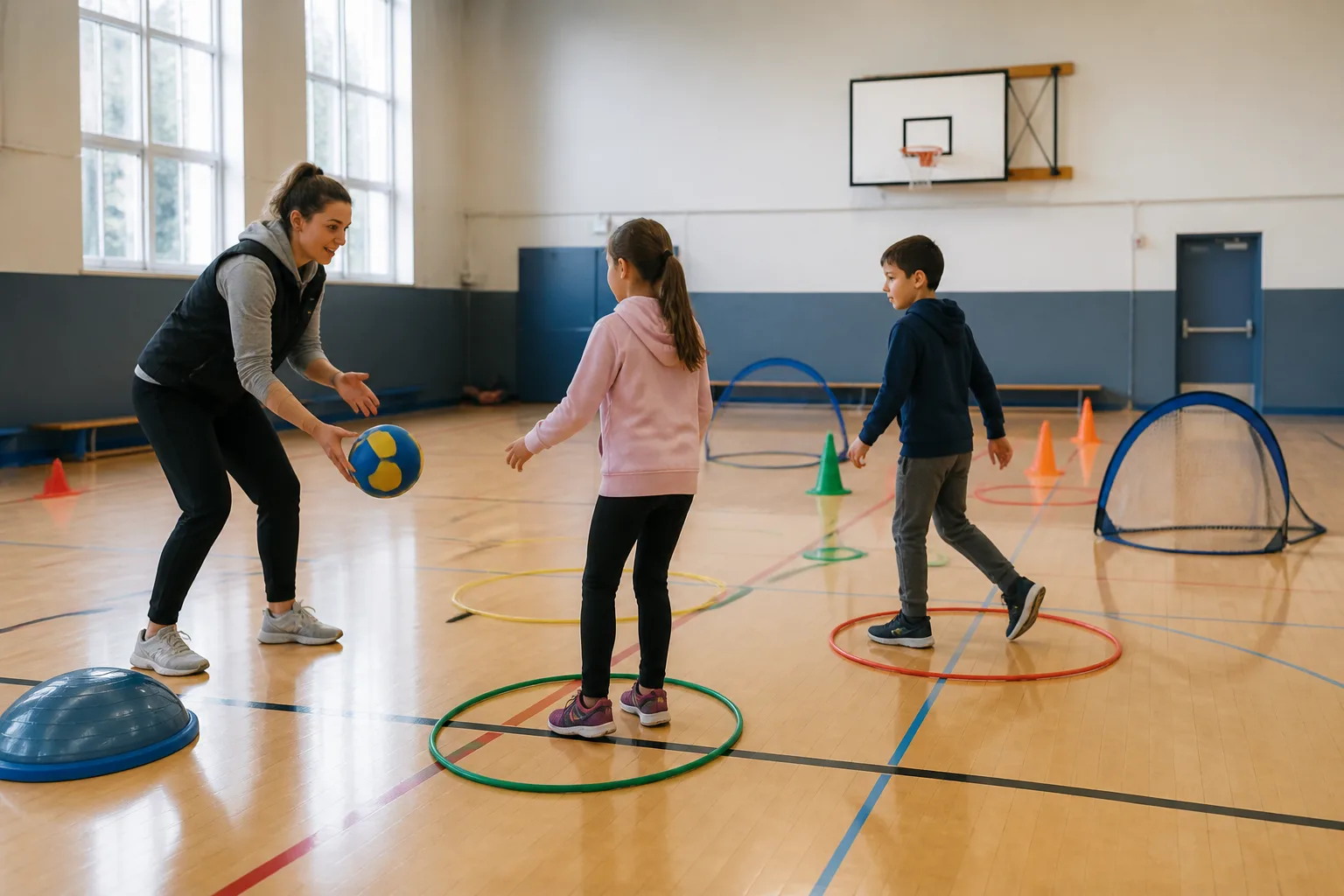 A coach leads two children through a colourful indoor sports course.