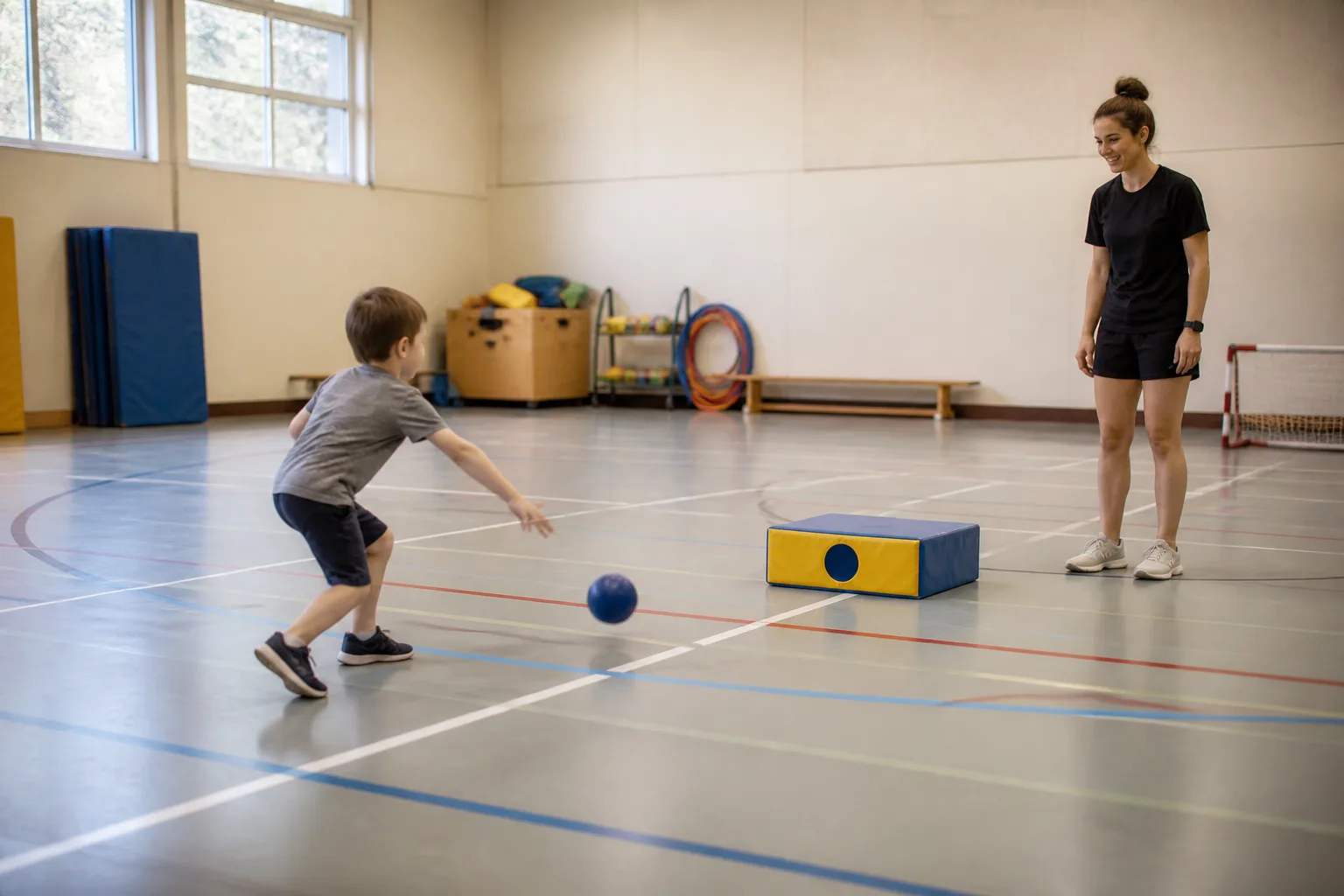 A child rolls a ball while a coach watches from nearby.