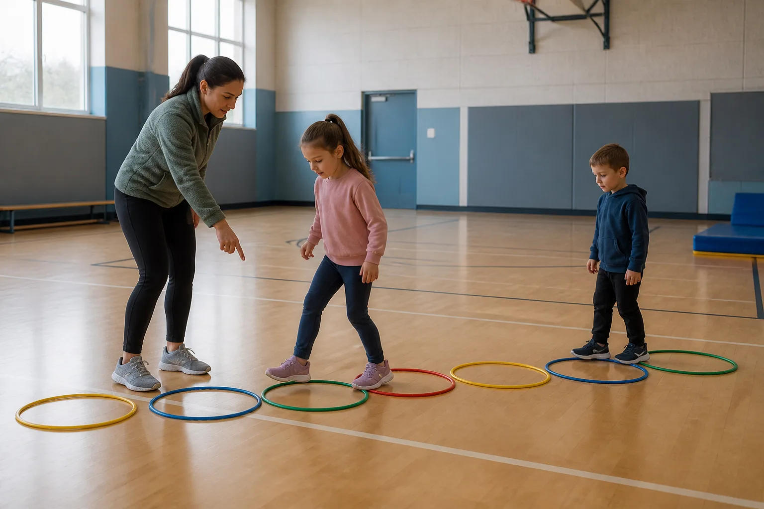A coach guides a child stepping through floor hoops as another child waits.