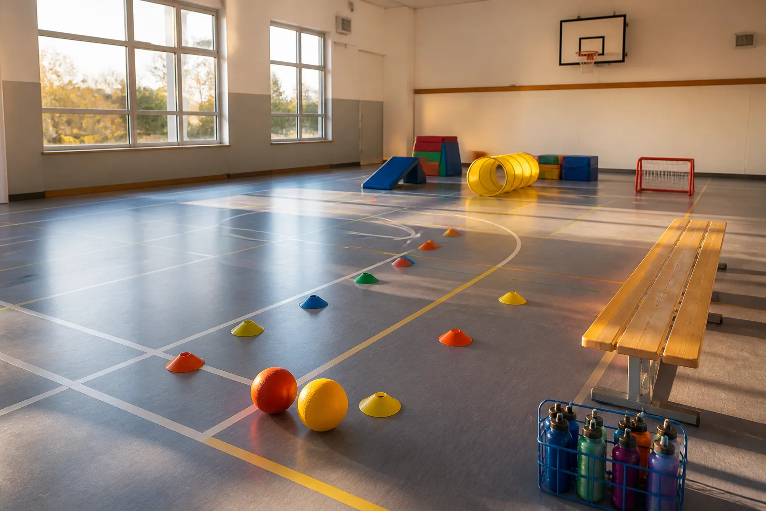 Cones, balls, a tunnel and benches are arranged across an indoor gym.