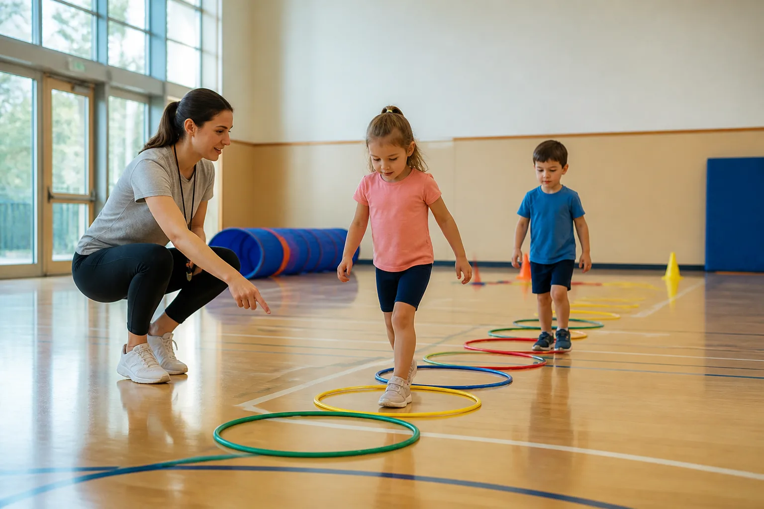 A coach guides two children through hoops and cones in a gym.
