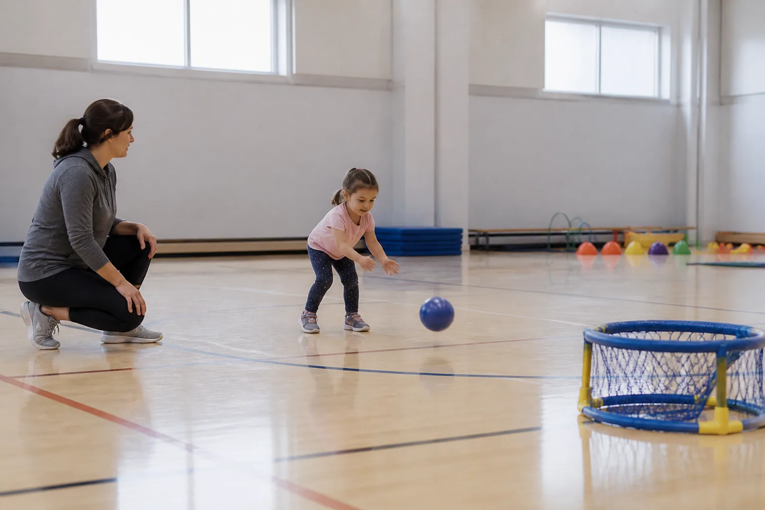 A child rolls a ball toward a small net while a coach observes.