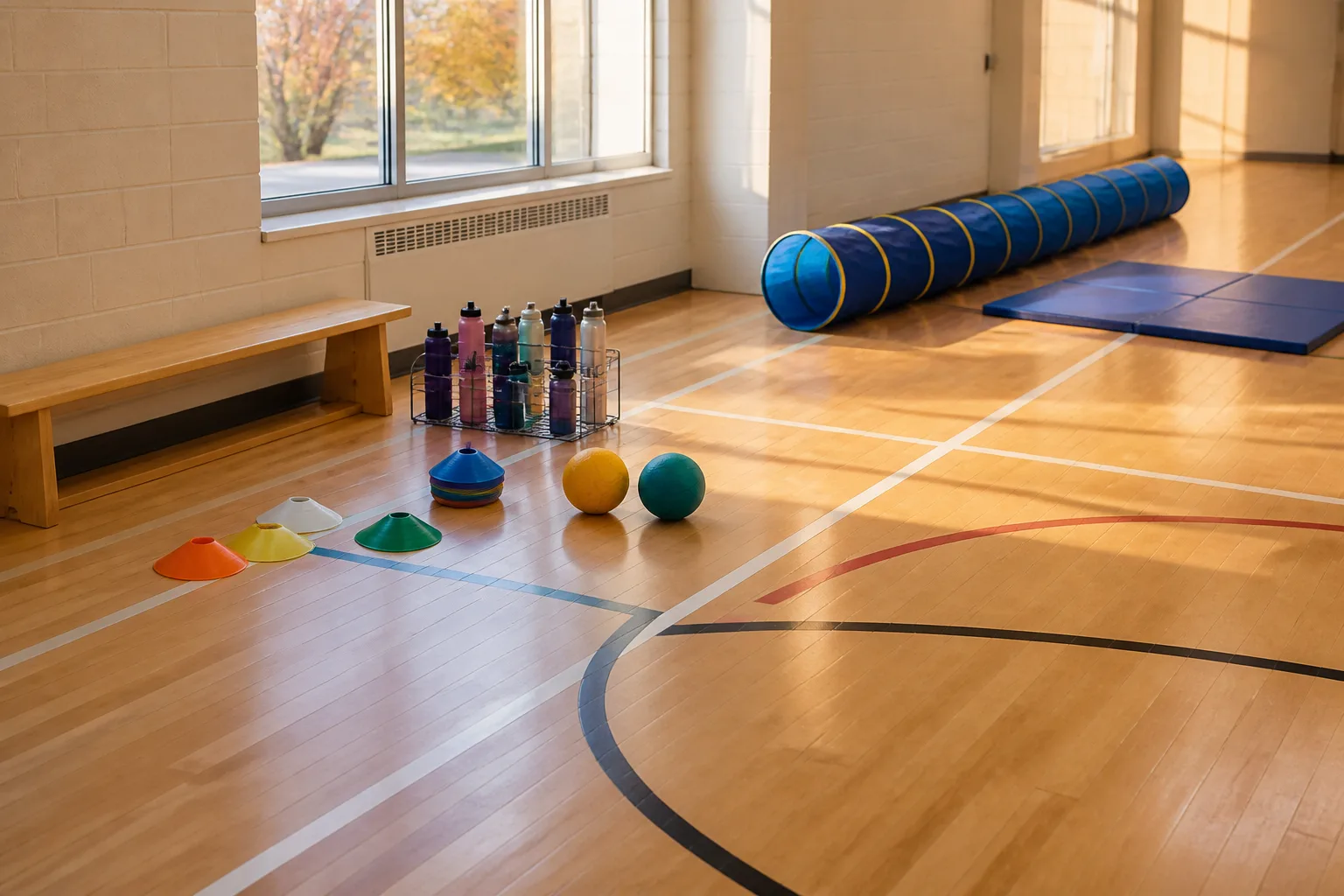Sports equipment and a tunnel are arranged beside a gym bench.