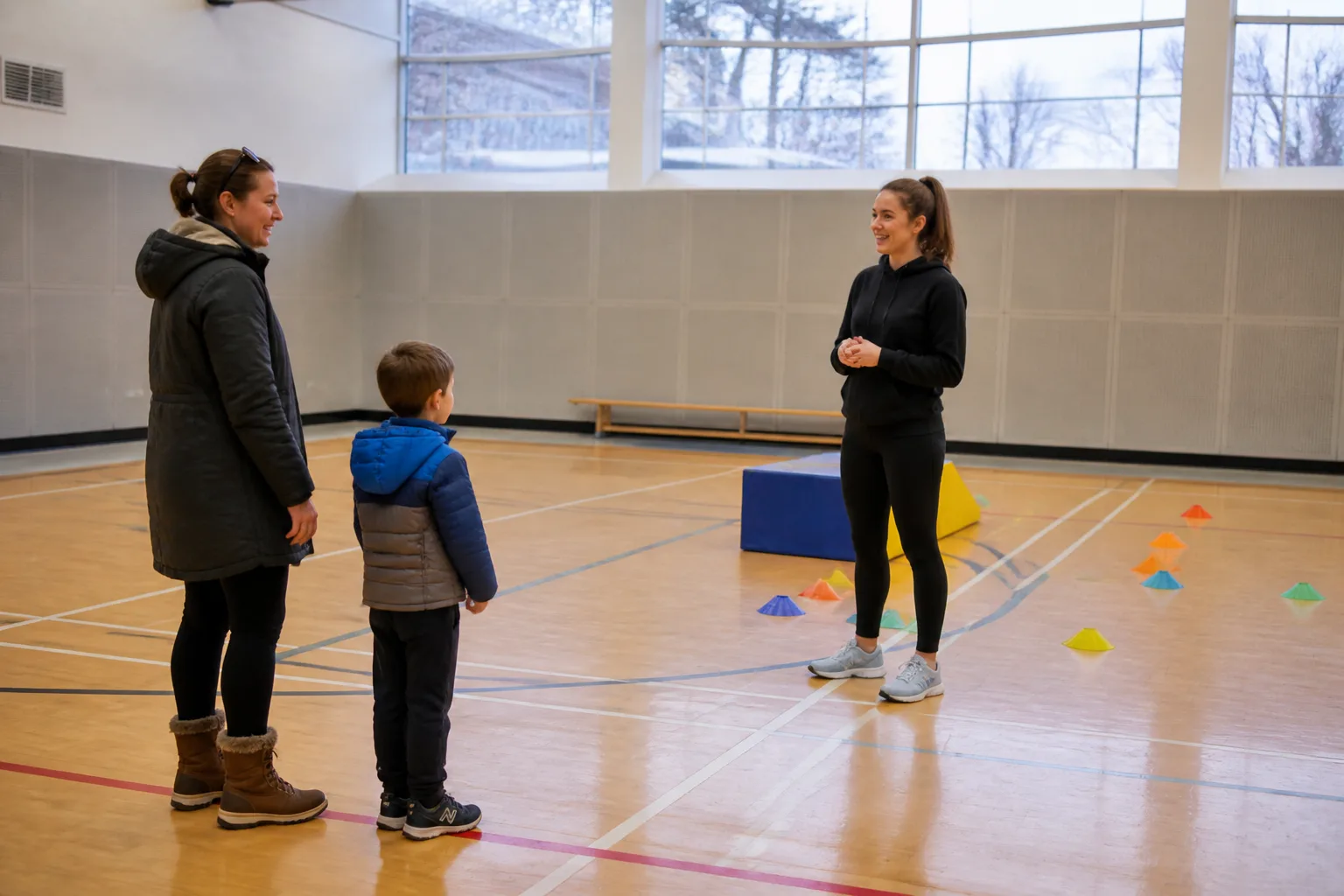 A parent and child speak with a coach beside a colourful activity course.