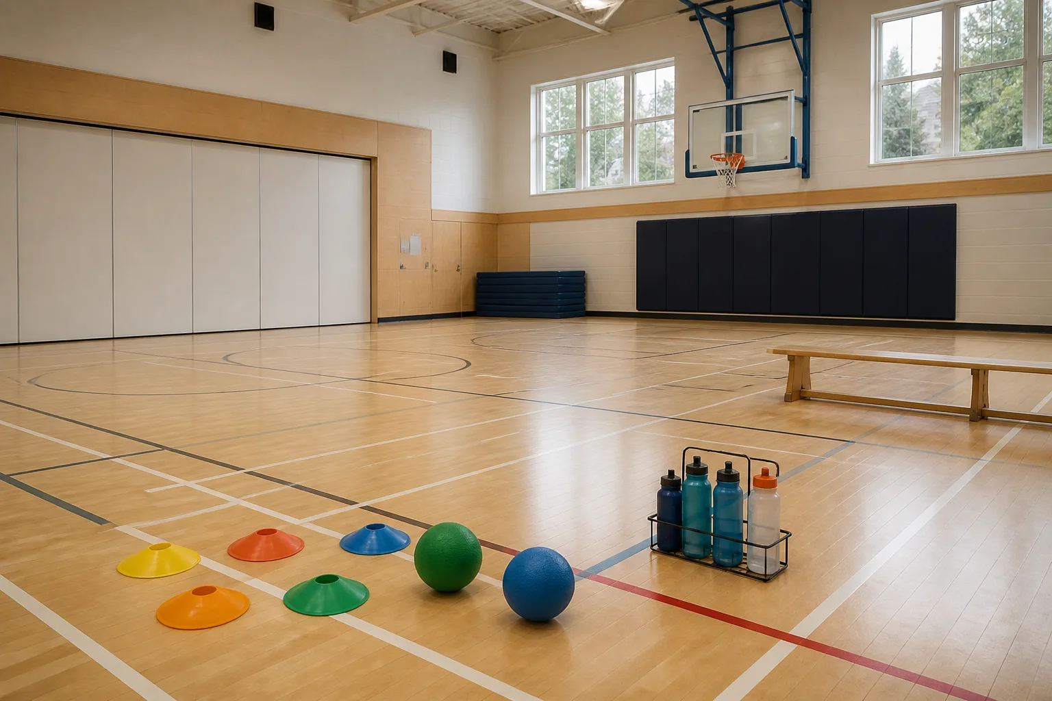 Cones, balls, water bottles and a bench are arranged in an empty gym.