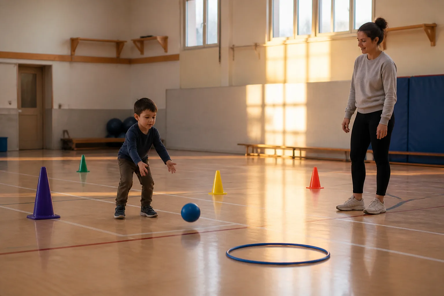 A child rolls a ball through cones while a coach watches.