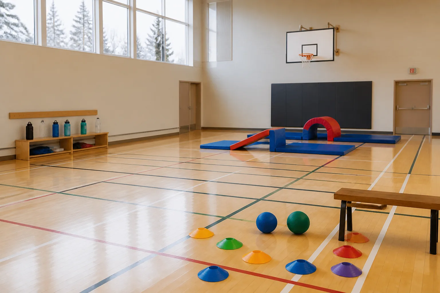 A gym course uses simple hoops, cones, balls and a low bench.
