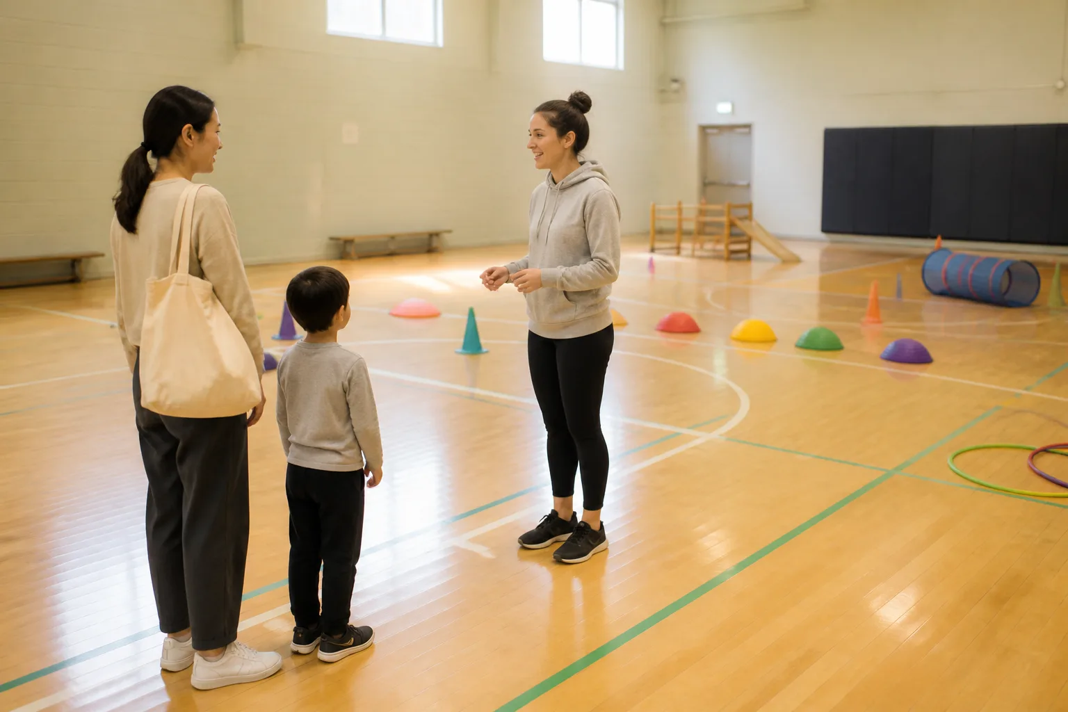 A parent and child discuss a sports program with a coach.