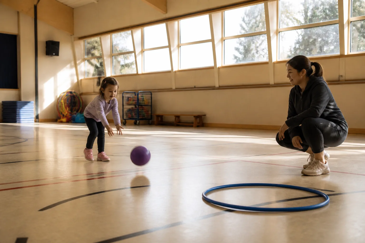 A young child rolls a ball as a coach crouches nearby.