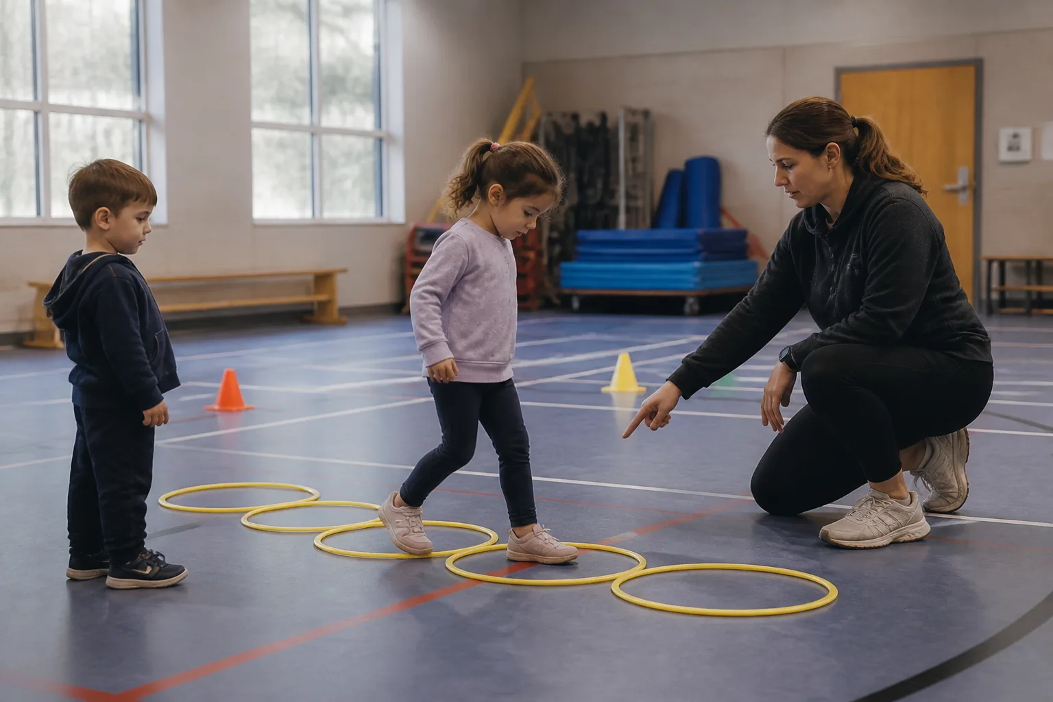 A coach helps two children step through a line of floor hoops.